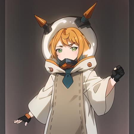 ((Masterpiece)), ((ultra quality)), mona, 1girl, blush, blue necktie, orange and white boots, orange spikes, space helmet, orange pantyhose, gray spacesuit, black fingerless gloves, long sleeves, fullbody, looking at viewer, solo, standing, white background, (legs:1.15), (shoes:1.15)