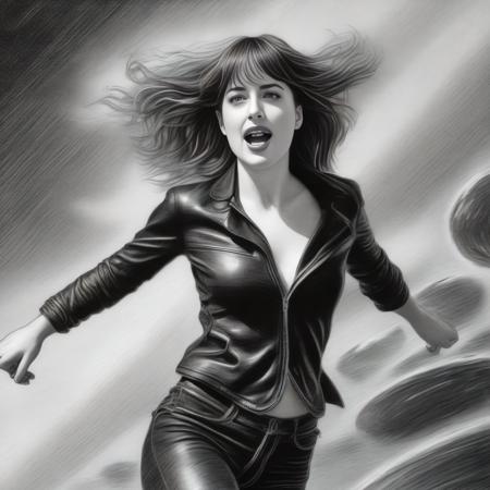 DakotaJohnson, art by Jeff Easley, photograph, Retrofuturistic portly Female, Mason, Jumping, Hyperdetailed background, Hurricane, Sketched, Princecore, film grain, film camera, F/2.8,  <lora:DakotaJohnsonSDXL:1>