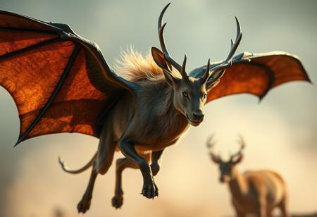 Hybrid between a lion, a bat and a deer, great bat wings, hyper-realistic, action scene, cinematic, perfect textures, tilt-shift effect.