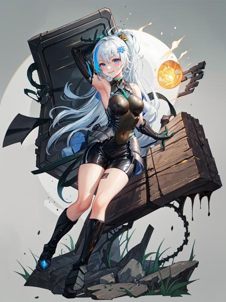 masterpiece, best quality, solo, <lora:eph3-10:1>, armor, armored_boots, bare_shoulders, bike_shorts, black_gloves, blue_hair, boots, breasts, elbow_gloves, gloves, hair_ornament, smile, miniskirt, faulds, breastplate, long hair,