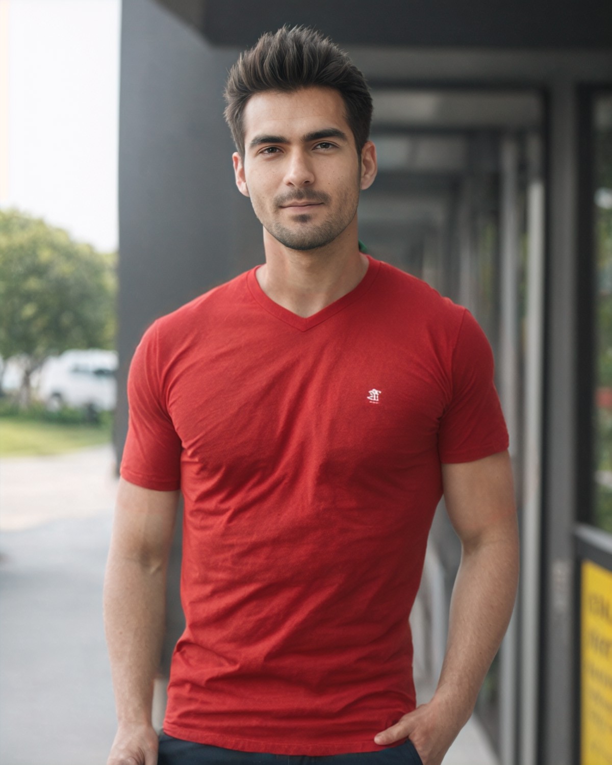 A perfect photograph of a man wearing a red shirt