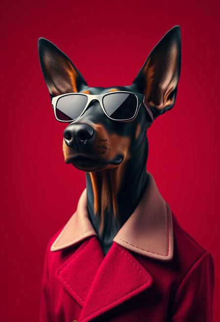 The best mobile wallpaper, Award-winning wallpaper, Portrait Photography, In front view is a portrait of a dobermann wearing 1960s mid-century space-age fashion, Side view shot, Shot with Canon EOS R5, Setting a stark contrast that accentuates the subject, Fluorescent maroon shade, Wearing a very fashionable lounge coat and sunglasses are a hip 1960s style, Clothing all in one color, Beautiful background