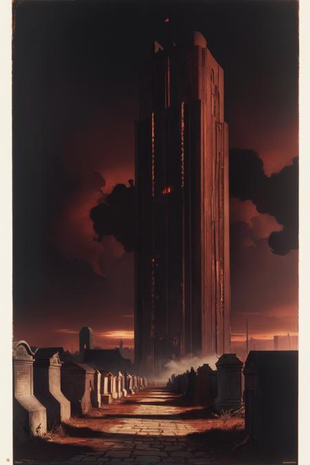 masterpiece, best quality, oil on canvas, Wayne Douglas Barlowe style, ((dark theme)), the (bleak labyrinthine slums of hell), rows of ruined (windowless stone|brick|tombstone homes), ((dark (red) foggy skies)), roads leading to center, BREAK, ((massive single shining ((golden)) skyscraper in the far distance extending into the red clouds above)), (20th century modern design), (dark red sky), BREAK, glowing evil carved runic symbols emanating a green localized hue, glowing satanic lettering, <lora:TakeyaTakayukiSD1.5-000009:0.7>, 35mm photograph, film, bokeh, professional, 4k, highly detailed