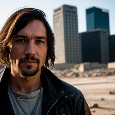 RAW photo, a close up portrait photo of brutal 45 y.o man in wastelander clothes, long haircut, pale skin, slim body, background is city ruins, (high detailed skin:1.2), 8k uhd, dslr, soft lighting, high quality, film grain, Fujifilm XT3