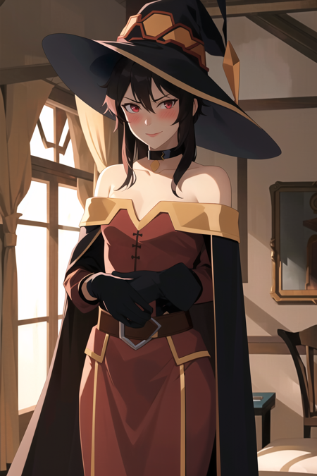 dragonage style, parody, megumin, 1girl, bare shoulders, black cape, black gloves, black hair, blush, cape, choker, collarbone, dress, hair between eyes, hat, long sleeves, looking at viewer, medium hair, off-shoulder dress, off shoulder, red dress, red eyes, sidelocks, solo, witch hat, indoors, ((masterpiece))
<lora:western_animation_style:1.2>