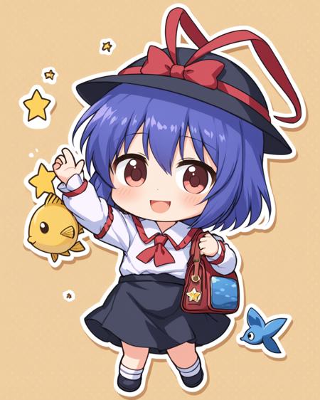 nagae iku,1girl, solo, school_hat, blush_stickers, bag, chibi, open_mouth, aged_down, smile, kindergarten_uniform, ribbon, waving, arm_up, fish, alternate_costume
<lora:nagae_iku_image6214_2023-12-20-000005:1>,star-shaped_pupils,symbol-shaped_pupils,. gorgeous,key visual, vibrant, studio anime,award-winning, professional, highly detailed,high budget, cinemascope