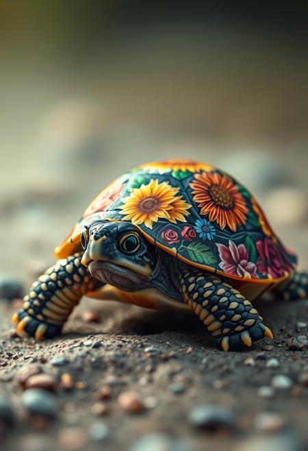 In a hyper-realistic image, an adorable little turtle is depicted with a shell that's been transformed into a stunning work of art. The shell is painted with an elaborate and beautiful design, featuring a vibrant array of colorful flowers, including roses, daisies, and sunflowers. The flowers are rendered in exquisite detail, with delicate petals and intricate textures that seem to leap off the shell. The colors are bright and bold, with subtle shading and gradations that give the painting a sense of depth and dimensionality. The turtle itself is equally well-rendered, with a sweet, gentle expression and a soft, scaly texture that invites the viewer to touch. The surrounding environment is a serene and peaceful setting, with soft, muted colors and a sense of calm tranquility. The overall effect is one of breathtaking beauty and wonder, as if the turtle's shell has been transformed into a miniature masterpiece of art. Highest-Quality, 4k, intricate details, visually stunning, Masterpiece