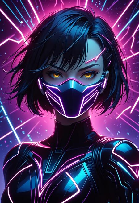 (16k wallpaper:1.1),(Highest quality:1.4),(High resolution:1.4), (masterpiece:1.4), close-up, woman, short hair, synthwave, slender, synapse, motoko kusanagi, full face mask,