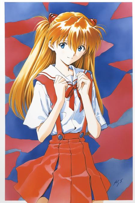 watch, wristwatch, 1girl, souryuu asuka langley, solo, long hair, school uniform, blue eyes, smile, white background, ribbon, shirt, simple background, own hands together, orange hair, short sleeves, skirt, red ribbon, neck ribbon, white shirt, bangs, hair between eyes, looking at viewer, tokyo-3 middle school uniform, signature, closed mouth, two side up, hair ornament, suspender skirt, interface headset, suspenders, traditional media, cowboy shot, interlocked fingers, blue skirt, <lora:Sadamoto Yoshiyuki_XL:0.8>