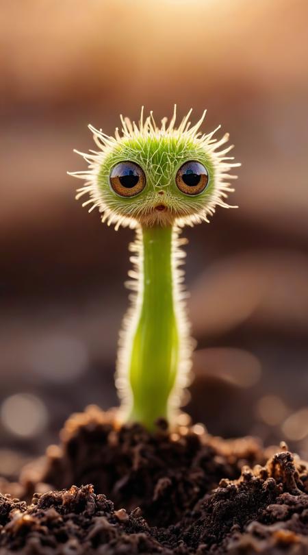 Furry sprout with eyes and tiny feet, emerging from soil, macro view, straight, sunrise light.