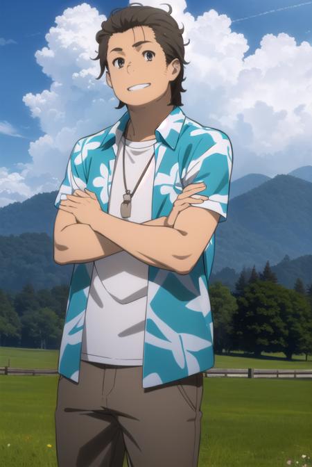 tetsudouhisakawa, <lora:tetsudou hisakawa s1-lora-nochekaiser:1>,
tetsudou hisakawa, black hair, (brown eyes:1.5), male focus, smile, grin,
BREAK shirt, open clothes, pants, necklace, sandals, hawaiian shirt,
BREAK outdoors, house, fields, grass, sky, sun, clouds,
BREAK looking at viewer, (cowboy shot:1.5),
BREAK <lyco:GoodHands-beta2:1>, (masterpiece:1.2), best quality, high resolution, unity 8k wallpaper, (illustration:0.8), (beautiful detailed eyes:1.6), extremely detailed face, perfect lighting, extremely detailed CG, (perfect hands, perfect anatomy),