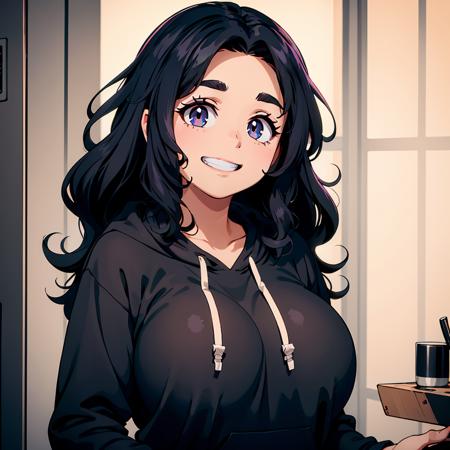 <lora:ETO_OCC002:0.7>,
ETO_OCC,1girl,
black hair,curly hair,longhair,
thick eyebrows,
hoodie,grin,