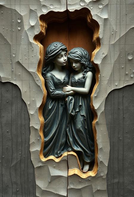 A layered papier-mâché artwork depicting Peekaboo, I see you in a distinct split wet rainy scene.  The piece utilizes academic painting and classical realism techniques, showcasing romanticized figures within a mythological narrative. Sculpted, textured layers show drizzling rain on reflective surfaces, with bold areas creating a divided composition.