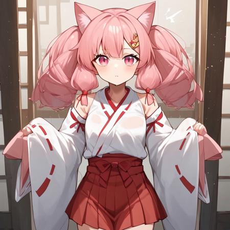 Aomokoka Style,nochekaisershot,
1girl,japanese clothes, hairclip, wide sleeves, ribbon trim, long sleeves, hakama skirt, miko, sleeves past wrists, red hakama, white kimono, tabi, ribbon-trimmed sleeves, pinching sleeves,yuika3,cat ears,Expressiveh,nochekaisershot,pink hair,solo,pink eyes