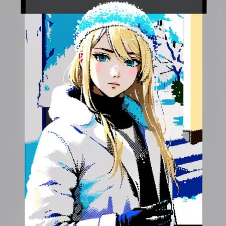 <lora:zxs:1> , zxs, limited palette,  1boy, aqua eyes, bangs, black gloves, blonde hair, blurry, blurry background, coat, eyebrows visible through hair, gloves, hair between eyes, hand on own chest, highres, long hair, looking at viewer, male focus, matsunashi noe, medium hair, parted lips, signature, snow, snow on head, snowing, solo, upper body, white coat