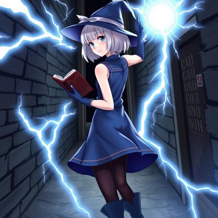 1 girl, solo, p3elizabeth, short hair, bob cut, white hair, blunt bangs, p3elizabeth-dress, hat, sleeveless dress, blue dress, bare shoulders, gloves, blue gloves, pantyhose, black pantyhose, boots, blue footwear library, holding book, book, grimoire, looking at viewer, faint smile, 
official art,
electricity, magic, lightning, glowing,,dynamic pose, energy ball ,fighting stance,
from side, cinematic angle, looking back, archaic smile, narrow dirty alleyway, closed mouth,Raise one arm,  black hole