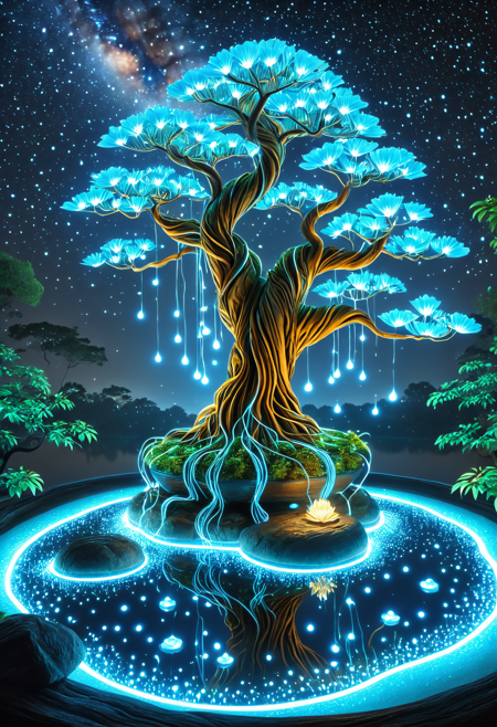 8K, depth of field, dynamic angle, best quality, masterpiece, best quality, extremely detailed, Bioluminescent World, ancient bonsai tree hovering above reflective pond, branches forming swirling galaxy, glowing leaves radiating starlight, floating lotus lanterns, serene night, ultra detailed, masterpiece, 8k,  add-detail, <lora:add-detail-xl:0.6>   <lora:Bioluminescent_World:1>