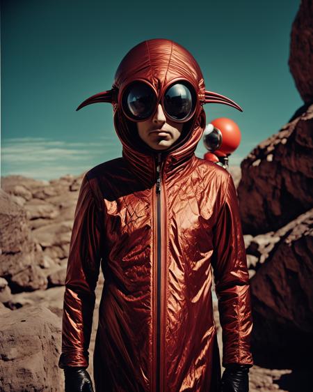 a man in a costume standing in front of a giant object , solo, looking at viewer, red eyes, 1boy, male focus, cape, colored sclera, science fiction, realistic, retro artstyle, bald, alien, spacesuit