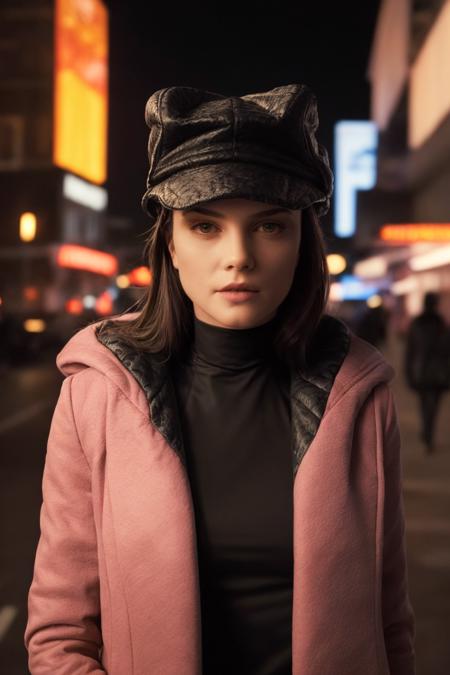 portrait photography, pink fur coat, black fur hat, at night, cyberpunk city, masterpiece, high quality, soft colors, bokeh, (high detailed skin:1.1)
 <lora:luv_br2049_lora_v01:0.85> luv