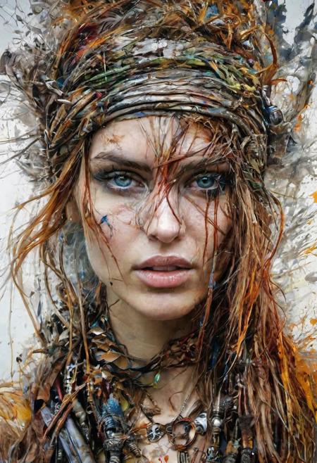 stunningly beautiful female apocalyptic survivor, by Carne Griffiths, shiny skin, glossy skin, apocalyptic landscape, 
intricate details, (ultra-realistic:1.05), (high saturation:1.05), (high contrast:1.05), 35mm raw photo, 
embedding:Style-EMCG.pt, <lora:add_detail:0.25>