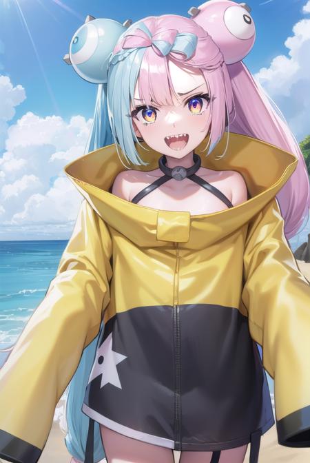 pokemon iono, blue hair, bow-shaped hair, character hair ornament, hair ornament, long hair, low-tied long hair, multicolored hair, pink hair, sharp teeth, split-color hair, twintails, two-tone hair, (pink eyes:1.5), asymmetrical legwear, bell, bow-shaped hair, character hair ornament, hexagon print, oversized clothes, pantyhose, single leg pantyhose, split-color hair, jacket, (yellow jacket:1.5),