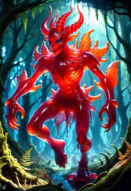 Young [ <'EM_1'> | <'EM_2'> | <'EM_3'> : 0.5] full red transparent gelatine creature  in a gelatine fantasy forest  season
<cdt:d1=2;d2=2;hrs=1;hd1=2;hd2=2;st1=0;st2=1>