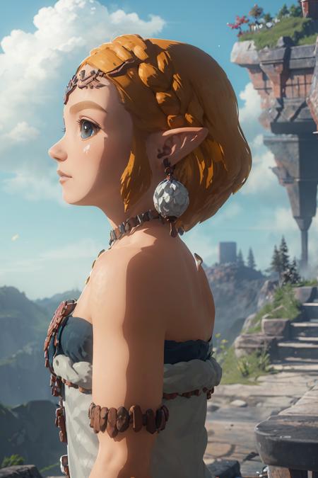 1girl,totkzelda,zonai dress,bare shoulders,short hair, <lora:totkz-a:0.85:MIDD>full body,mountain,sky,cloud,chibi, side view, looking at viewer,  <lora:blindbox_V1Mix:0.9>,