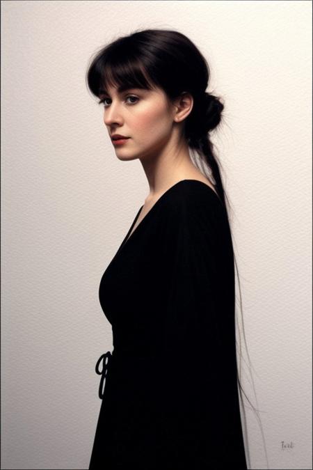 ((pitch black background)), ((pitch black room)), photorealistic, extreme close-up to face, perfect face, beautiful woman inspired by singer Enya, medieval long historical white gown,  watercolor painting, from side