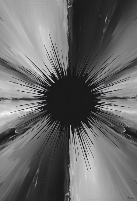 Monochrome abstract painting features a symmetrical composition with a central black sphere and dynamic, radial lines emanating outward. The stark contrast between the deep blacks and soft greys creates a sense of depth and movement. The meticulously detailed, spiky lines extend from the center, forming a dramatic interplay between light and shadow. This piece evokes a sense of cosmic energy and the infinite, blending minimalism with a profound visual impact.