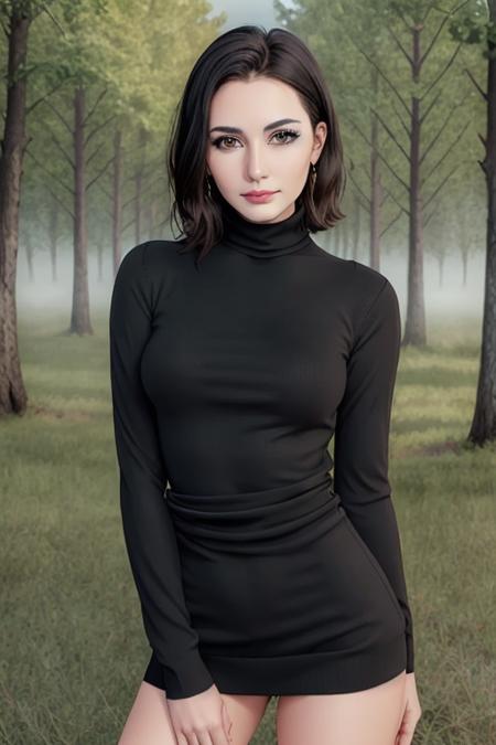 photo of <lora:sunshine-07:0.7>, sunshine, a woman with ((short hair)),((pale skin, gorgeous black hair)), ((cowboy shot, waist, hips, thighs):1.2), ((turtleneck sweater dress):1.2),((walking,outdoors, at night):1.2),((detailed face, beautiful face, detailed eyes, beautiful eyes):1.1), ((lipstick, eyeliner, eye shadow):1.2),((best quality, masterpiece, extreme details):1.2) ((detailed eyes, detailed face):1.2), woman, solo, beautiful, sexy, full body, looking at looking at viewer, magic colorful forest,fluffy tree, blue sky,mountain,4k, concept art,oil painting, realistic trees, beautiful, green grass, fog, stars, supernova, stars at sky, magical, night, dark,big galaxy,glowing stars, star light, falling star,comet, lake,water, reflection, adorable, (extraordinary:0.6),