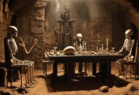 ancient alien constructions, skeletons of alien priests, sacrificial table, macabre, sinister place, dark atmosphere, place of death, dark