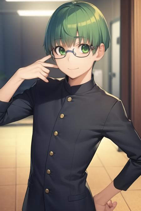 masterpiece, best quality, game cg, 1boy, solo, male focus, looking at viewer, , , <lora:yuusaku_kitamura:0.70>, yuusaku_kitamura, green hair, green eyes, short hair, glasses, french costume, science fiction transhumanism, 12k resolution