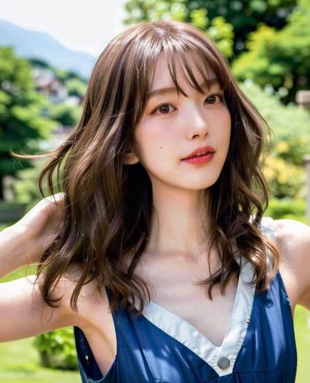 upper body portrait of  slender 1girl, <lora:Tarumi:1>,  split bang, wavy hair, dress, spin:0.5, dance, at Liechtenstein town, out door, close up , look at viewer