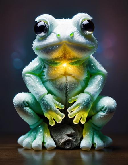 macro photo, a beautiful translucent glass frog that glows within, glowing lights, beautiful waterfall , made out of transparent delicate glass, magical sparkles,vibrant whimsical colors,, made out of ral-towl <lora:ral-towl:1>