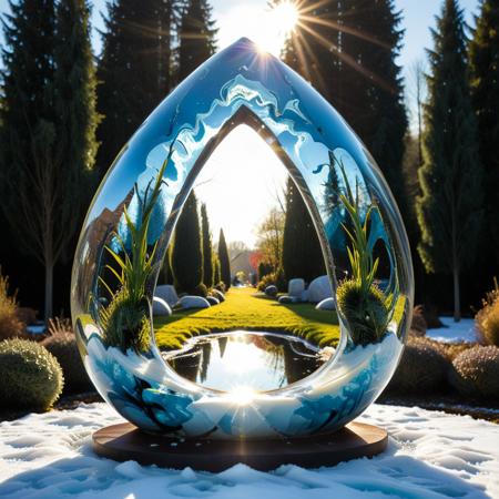 a sculpture garden preserved inside a stationary teardrop of mirrored liquid, statues distorted by the curvature, grass frozen mid-wave, sunbeams entering at sharp angles and splitting into spectrum fragments, tearStyle2