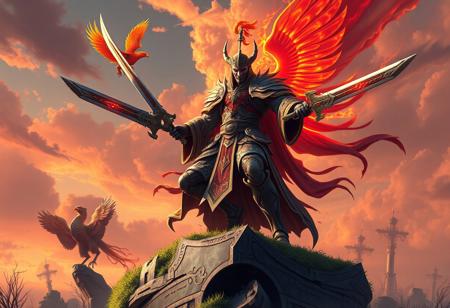 "Create a digitally rendered, hyper-detailed artwork of a Gravekeeper's Chief, standing on a hedge guard, dual-wielding swords, with an 80s art deco/googie style. The Chief should have a single solid body with dramatic warm colors, reminiscent of an academy headmaster. A phoenix should be present in the scene. Implement the rule of thirds, and utilize dreamwave and synthwave elements. The artwork should be trending on ArtStation and rendered using Unreal Engine 5. The style should be inspired by Klimt, Nixeu, Ian Sprigger, Wlop, and Krenz Cushart."