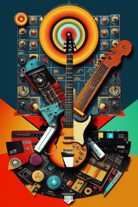 Create a striking abstract collage using vibrant cutout images of musical instruments. Blend them together in an unusual way with glitch effects.
