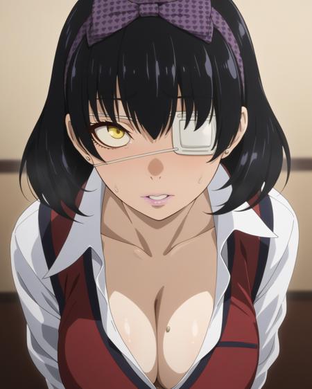 (midari ikishima, black hair, yellow eyes, short hair) school uniform, eyepatch,earrings, stud earrings, hairband,jewelry