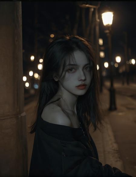 solo,realistic,lips,black hair,collarbone,closed mouth,Beside the outdoor street,the dim light of the street lamps at night shines on one side of the face,1girl,absurdres,(Looking at the camera:1.2),<lora:XLå½é£è¸Lora--æ¨¡å:0.8>,<lora:ChillyV1.0-000020:0.6>,