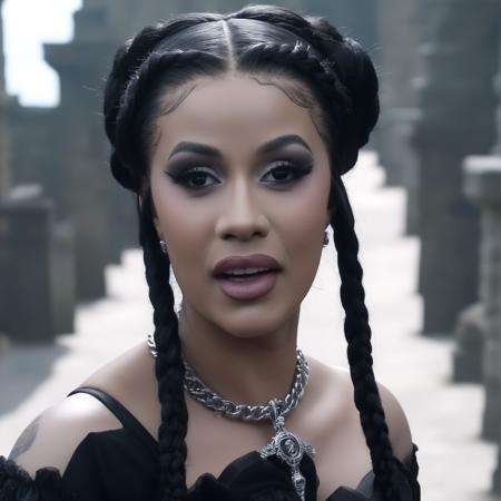 photo of (ohwx woman) as Wednesday Adamas (looking at the camera:1.2), wearing gothic clothes, braided pigtails, in a castle, sharp focus, looking at the camera, makeup, cinematic look, <lora:CardiB:1>