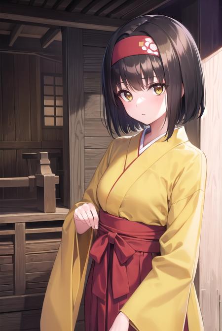 pokemonerika, (yellow eyes:1.5), black hair, headband, short hair, japanese clothes, kimono, hakama, red hakama, long sleeves, wide sleeves,