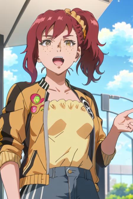 best quality, masterpiece, highres, solo, {lily_lipman_birdiewinggolfgirlsstory:1.15}, red_hair, scrunchie, freckles, side_ponytail, brown_eyes, open_mouth, hair_ornament, 1girl, blue_sky, braid, cloud, day, jacket, ponytail, sky, anime_coloring, outdoors, upper_body, hair_scrunchie