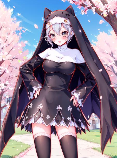 Sistermon Noir,1girl,(solo:1.1),thighhighs,nun,silver hair,breasts,zettai ryouiki,black thighhighs,grey eyes,<lora:ï¼äººç© ä¿®å¥³å½é»ï¼Sistermon Noir:0.8>,STANCE,cherry blossoms,star \(sky\),hands on hips,, (masterpiece), (best quality), HDR, intricate detail,