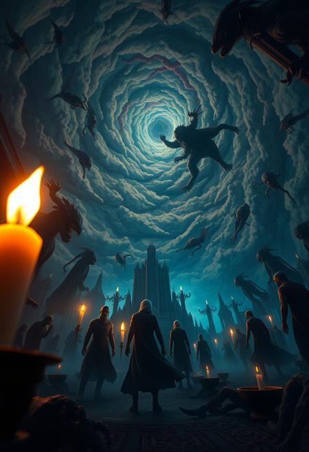 Surreal dreamscape, warm candlelight, low angle perspective, distorted figures, impossible geometry, swirling chaotic sky, unsettling creatures, dramatic lighting, flickering flames, warm glow.