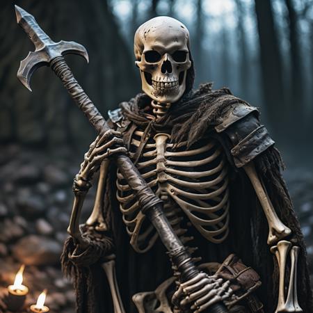 highly detailed cinematic photo of skeleton, 

holding weapon, facing viewer, ribs, breastplate, axe,  depth of field, ((night)), crypt, realistic:1.3


depth of field, blurry background, 

masterpiece, best quality:1.1, realistic:1.1,

depth of field:1.1, 
(shadow play:1.3),

