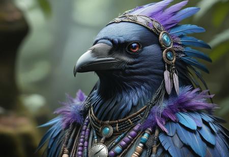 corvidfolk, mystical shaman, blue and purple feathers