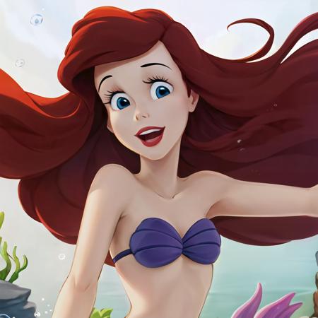 best quality, masterpiece, highres, absurdres, 1girl, solo, <lora:ArielV1:1>, ariel, close-up, upper body, underwater, floating hair, sunbeam, depth of field, perfect lighting, open mouth, smile, slender, perfect face, coral reef, kelp, fish, looking at viewer, air bubbles