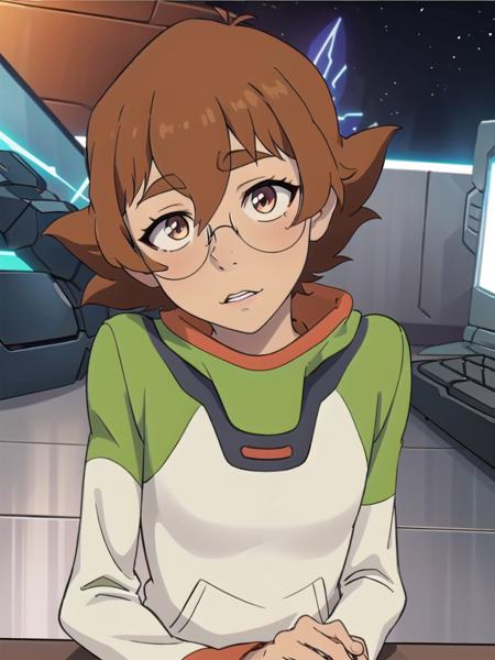 , (1girl), masterpiece, 8k HDR, hires, high resolution, best quality, beautiful eyes, perfect lighting, (sharp focus), (solo),   <lora:Pidge:1> pidge , sitting at scifi computer