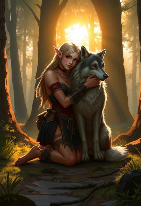 A fantasy art digital illustration of a scene that could be from an RPG. It contains a kneeling elf maiden, hugging her wolf companion. The whole scene is warmly illuminated by the morning sun, shining through the forest's tree tops.