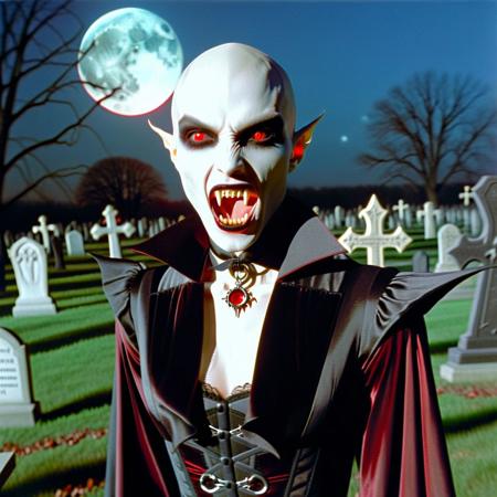 Vampyfangs1. a film still photo. 35mm. 4k. From a 2003 movie. A Nosferatu vampire man is showing off her fangs, he is walking around a graveyard. Night. Full moon. Red eyes. Bald. Pointy ears. Strigoi
